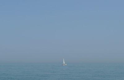 Sailboat sailing on sea against clear sky