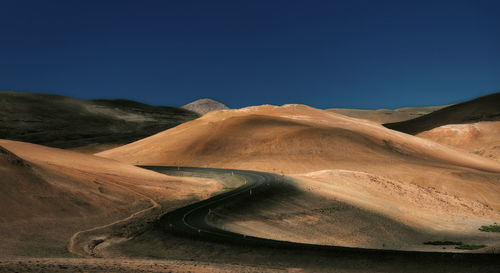 Scenic view of desert against clear blue sky