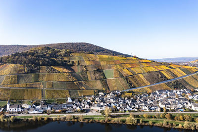 Germany, rhineland-palatinate,helicopter view of countryside village with hillside vineyards in background