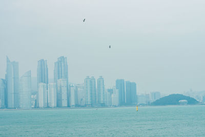 Cityscape at waterfront against clear sky