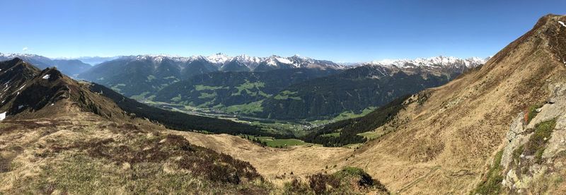 Panoramic view of mountains against clear sky