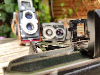 Close-up of camera on table