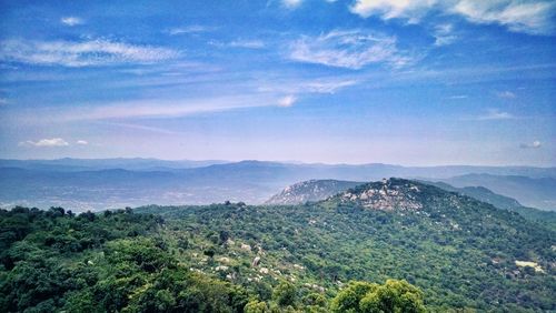 Scenic view of mountains against cloudy sky