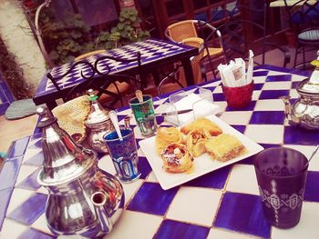 High angle view of dessert on table in restaurant