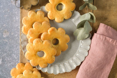 High angle view of cookies on table