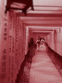 Rear view of people walking amidst buildings