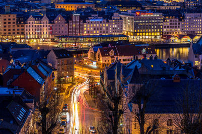 Aerial view of illuminated cityscape at night