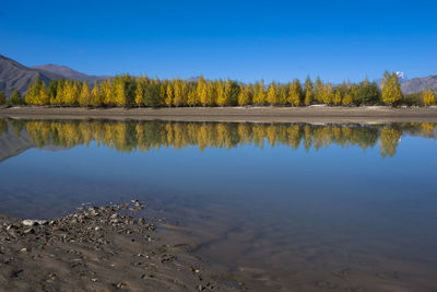 Scenic view of lake against clear blue sky