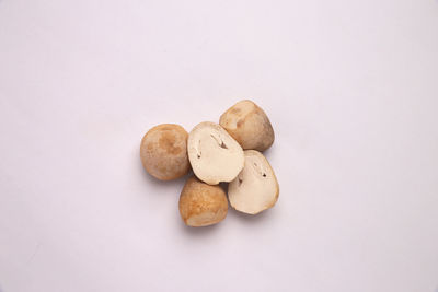 High angle view of cookies against white background