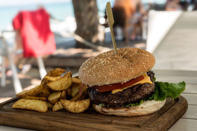 Close-up of burger on table