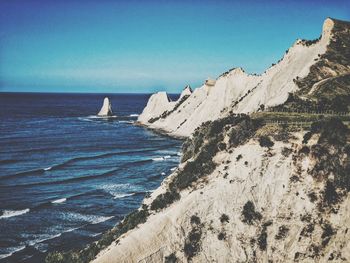 Scenic view of sea against clear blue sky