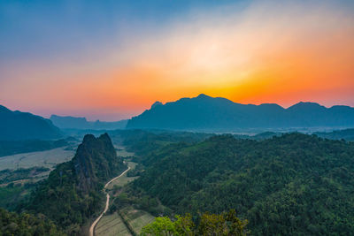 Top view of beautiful forest landscape of sunset at pha namxay mountains vang vieng, laos