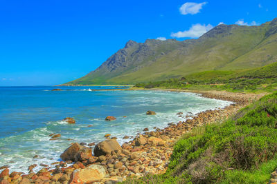 Scenic view of sea against blue sky