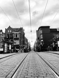 Railroad tracks amidst buildings in city against sky