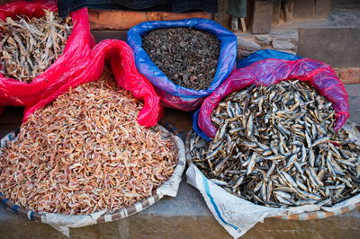 Market in kathmandu, nepal with various dried fish