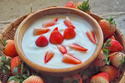 High angle view of strawberries in bowl on table