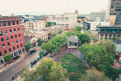 High angle view of road against buildings in city