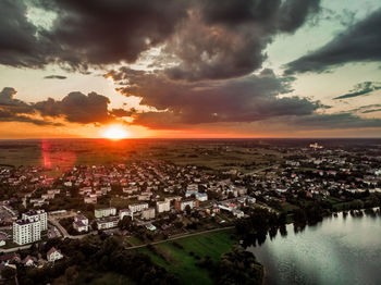 High angle view of townscape against sky during sunset