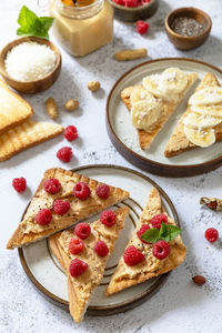 High angle view of breakfast served on table