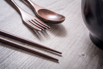 High angle view of objects on table