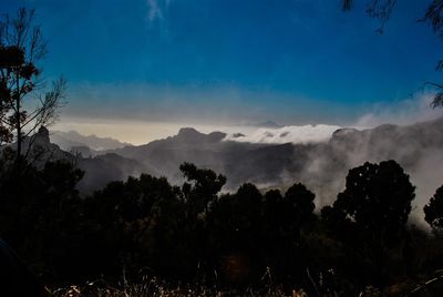 Scenic view of silhouette mountains against sky
