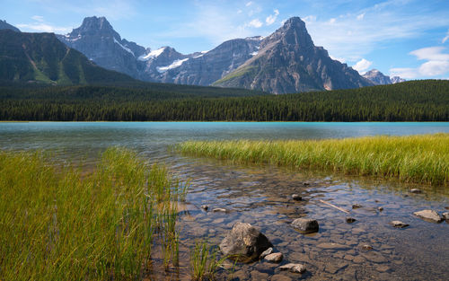 Scenic view of lake and mountains against sky