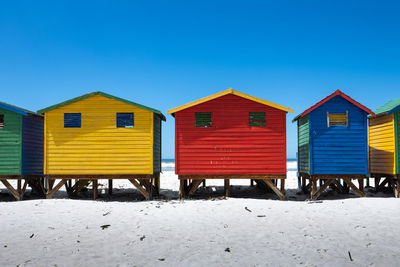 Houses on beach against clear blue sky