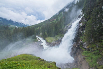 Scenic view of waterfall against sky