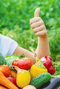 Cropped hand of woman holding vegetables