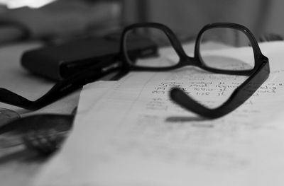 Close-up of eyeglasses on table