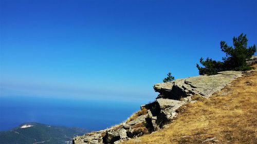 Rock formations by sea against clear blue sky