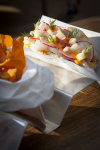 High angle view of food served on table