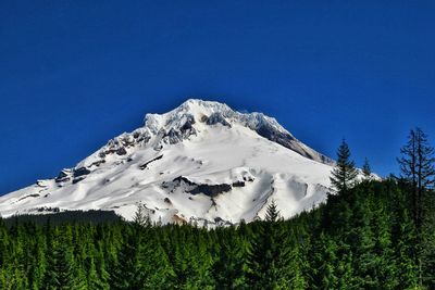 Scenic view of snowcapped mountains against clear blue sky