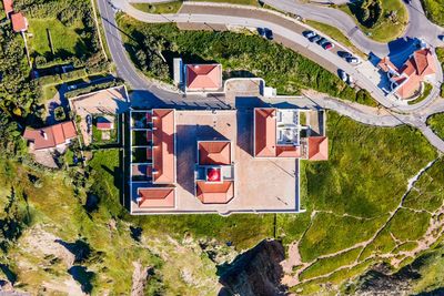 High angle view of buildings in town