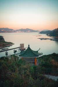 High angle view of lake against sky during sunset