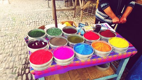 Close-up high angle view of multi colored candies