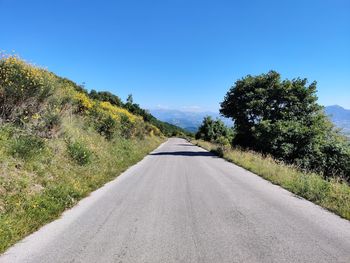 Road amidst trees against clear blue sky