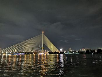 Bridge over river against sky in city at night