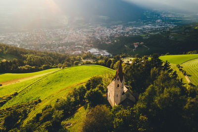 High angle view of trees and buildings