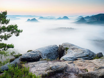 Kleiner winterberg beautiful morning view over edge into deep valley in saxon switzerland, germany. 