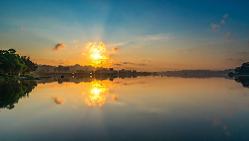 Scenic view of lake against sky during sunset