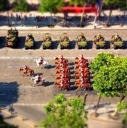 High angle view of people in river