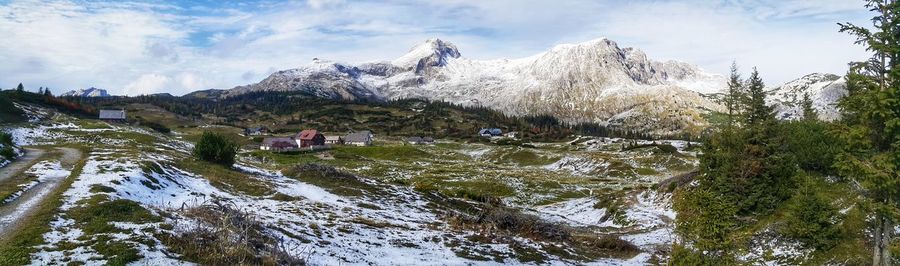 Scenic view of snowcapped mountains against sky