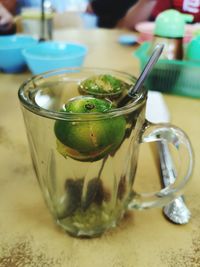 Close-up of drink in glass bowl on table
