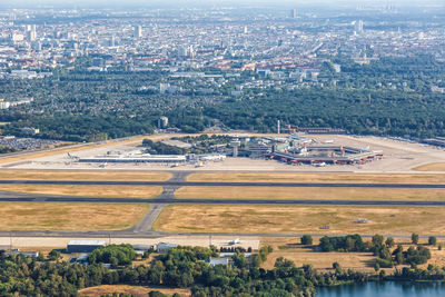 High angle view of city buildings