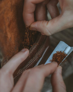 Close-up of hands removing tobacco from leather wallet for rolling a joint