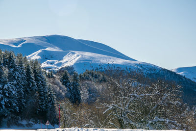 Scenic view of snowcapped mountains against clear sky