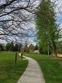 Footpath in park by trees against sky