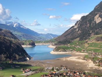 Scenic view of lake and mountains against sky