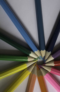 Close-up of multi colored pencils on table